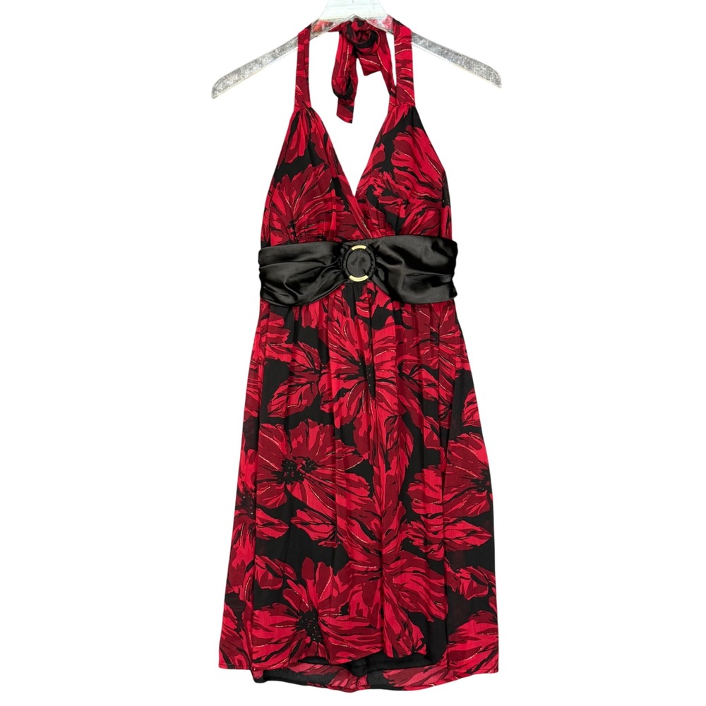 Roulette Dress Womens 8 Red Gold Halter Floral‎ Sleeveless Party Cocktail Lined